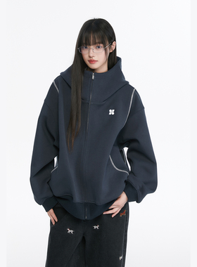 King Prince美式复古灰色连帽拉链开衫女秋冬宽松慵懒风卫衣外套