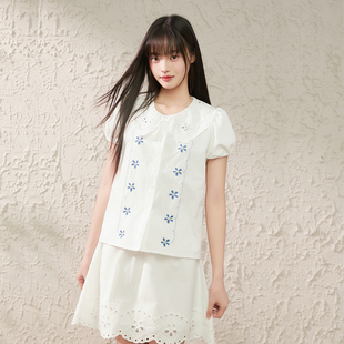 衬衣半身裙搭配套装 King 女夏季 衬衫 Prince花边领小花刺绣泡泡袖