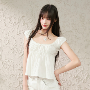 King 上衣 Prince甜美少女风方领花边系带抽绳背心女BM显瘦小衫