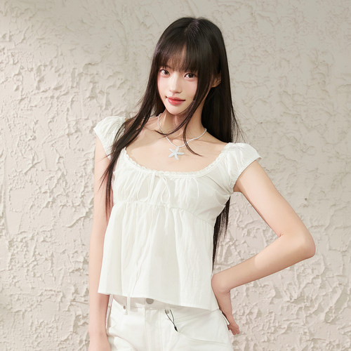 King Prince甜美少女风方领花边系带抽绳背心女BM显瘦小衫上衣