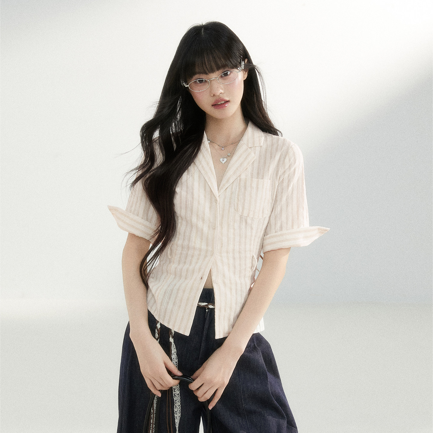 King Prince设计感西装领条纹短袖衬衫女修身绑带收腰衬衣女夏