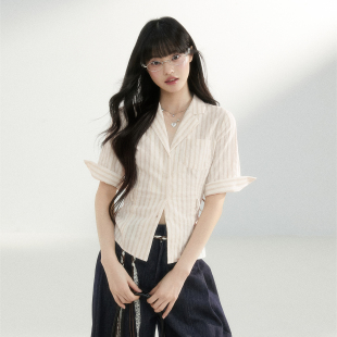 King Prince设计感西装领条纹短袖衬衫女修身绑带收腰衬衣女夏