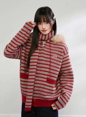 King Prince春季新款复古条纹连帽针织卫衣女宽松毛领外套上衣