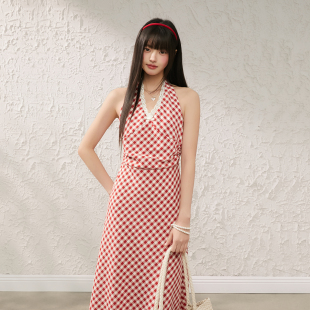 v领削肩挂脖收腰系带气质长裙 无袖 King Prince花边连衣裙女夏季