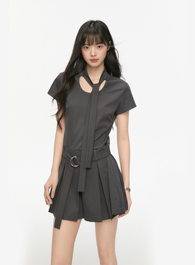 King Prince系带学院风腰带连衣裙显瘦拼接假两件压褶收腰百褶裙