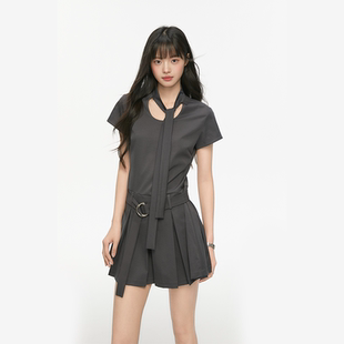 King Prince系带学院风腰带连衣裙显瘦拼接假两件压褶收腰百褶裙