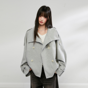 King Prince春季新款韩版廓形短款卫衣女双排扣翻领外套风衣夹克