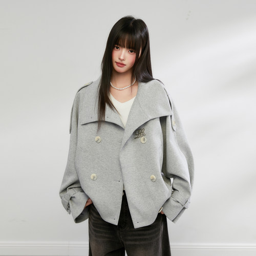 King Prince春季新款韩版廓形短款卫衣女双排扣翻领外套风衣夹克