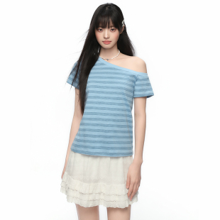 韩版 T恤女夏季 显瘦一字肩上衣 Prince复古休闲条纹斜肩短袖 King