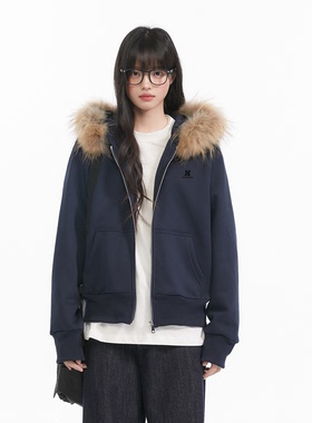 King Prince连帽可拆卸貉子毛领宽松韩系拉链卫衣显瘦开衫外套潮