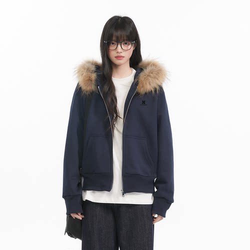 King Prince连帽可拆卸貉子毛领宽松韩系拉链卫衣显瘦开衫外套潮