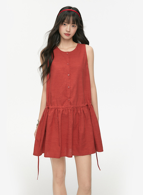 King Prince抽绳腰背心裙圆领娃娃裙女夏设计感宽松a字红色连衣裙
