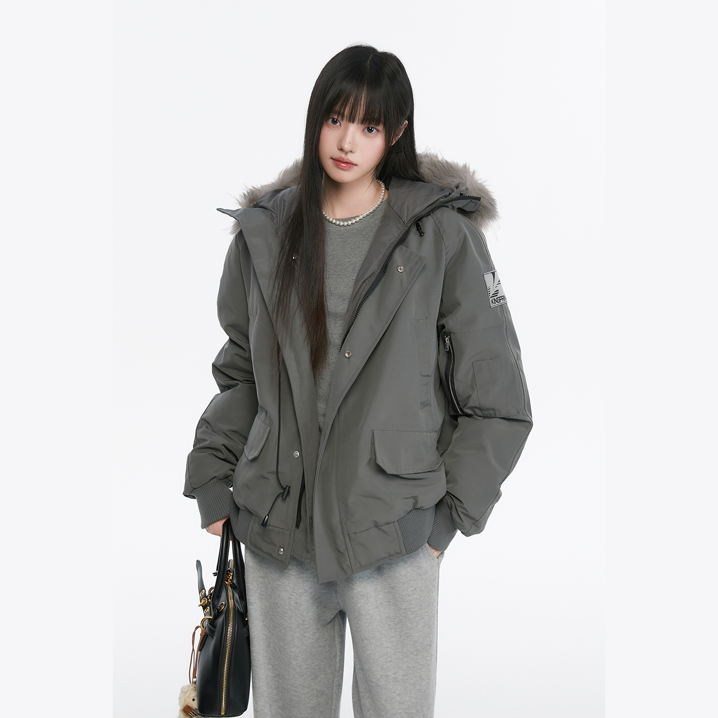 King Prince美式复古灰色派克服毛领棉服冬季加厚保暖棉衣外套女