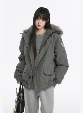 King Prince美式复古灰色派克服毛领棉服冬季加厚保暖棉衣外套女