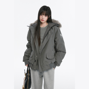 加厚保暖棉衣外套女 复古灰色派克服毛领棉服冬季 King Prince美式