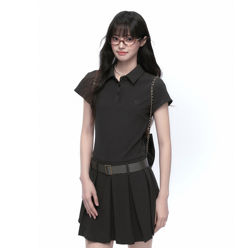 King prince夏季学院风POLO领短袖连衣裙女假两件压褶收腰百褶裙