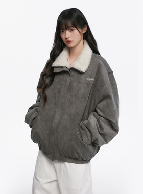 King Prince美式复古麂皮绒羊羔毛拼接棉衣外套女冬季新款上衣