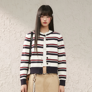 新款 King 春季 毛衣女圆领针织开衫 短外套 Prince撞色复古条纹开衫