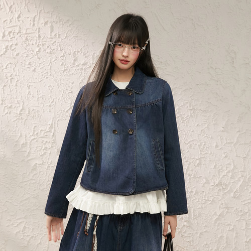 King Prince娃娃领牛仔衬衫外套女春宽松显瘦上衣半身裙伞裙套装