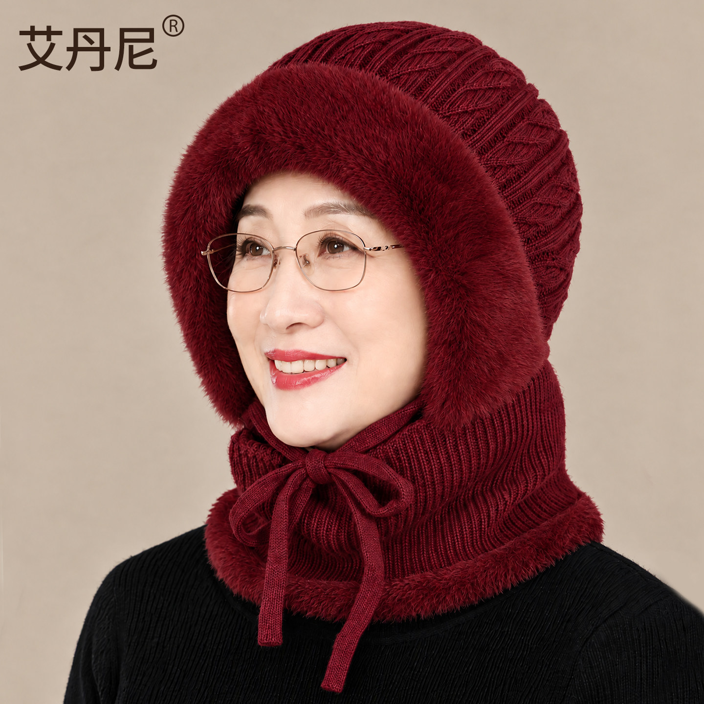 中老年人女款帽子围巾一体冬季妈妈毛线帽保暖老人奶奶护耳套头帽