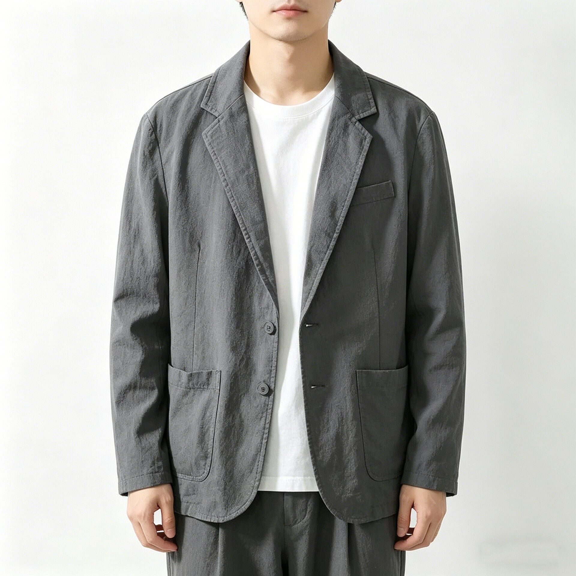 跨境商务休闲棉麻小西装外套男士慵懒风松弛感平驳领西服春秋上衣