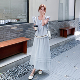 浅蓝色小飞袖娃娃衬衫套装裙女2025夏设计感气质减龄半身裙两件套，女装连衣裙，美俪侎