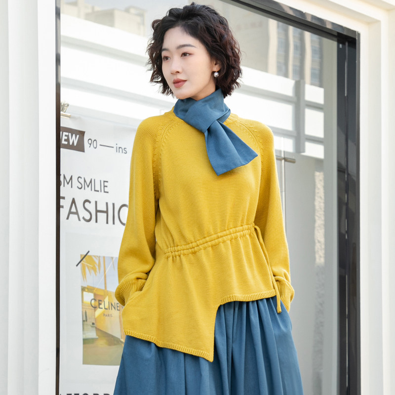 黄色小众复古针织衫女款2026春秋时尚百搭显瘦长袖轻奢设计感上衣图片