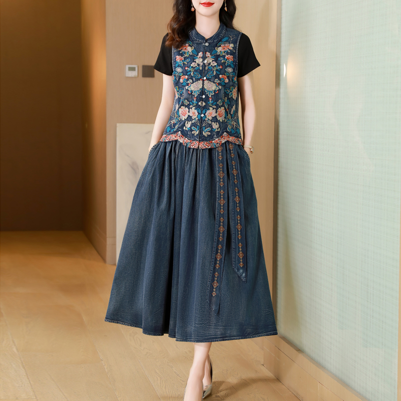 新中式国风时尚套装女2025春夏新款高端刺绣马甲牛仔半身裙两件套