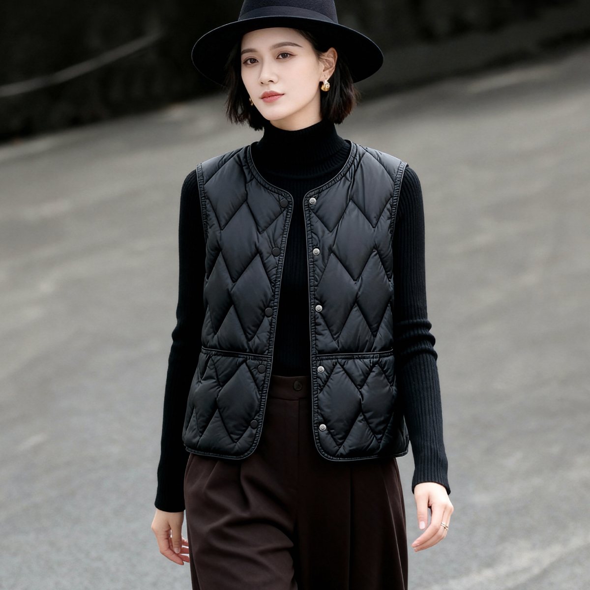 黑色菱形羽绒服冬季女款无袖薄款可内穿小个子妈妈款保暖马甲外套