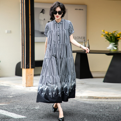 复古风条纹拼接连衣裙女薄款大码
