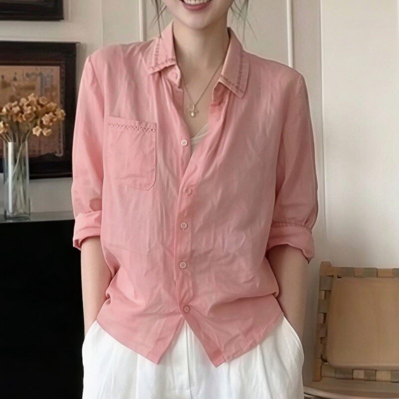 2020春夏季气质减龄显白粉色小衫女人味百搭七分袖衬衫LK2510780