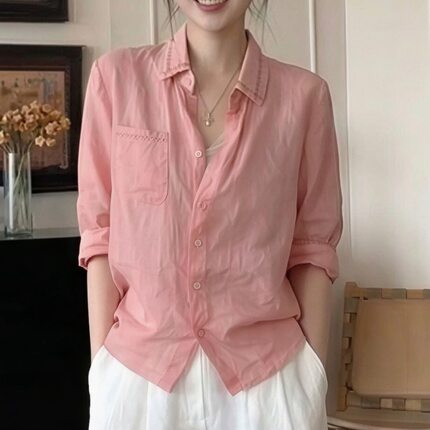 2020春夏季气质减龄显白粉色小衫女人味百搭七分袖衬衫LK2510780