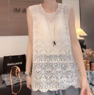 2025秋冬新款韩版时尚百搭圆领无袖蕾丝背心女修身显瘦上衣7411