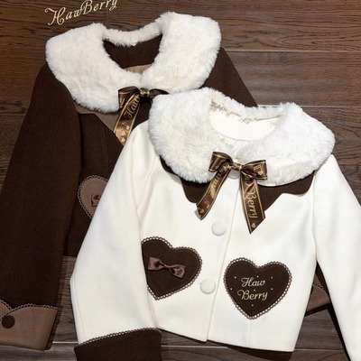 山楂浆果夹棉秋冬加厚毛呢lo外套