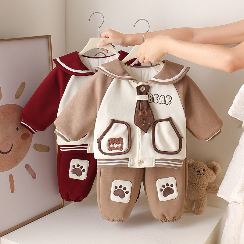 婴儿衣服a类学院风宝宝秋冬季夹棉加绒分体两件套装冬款保暖0度