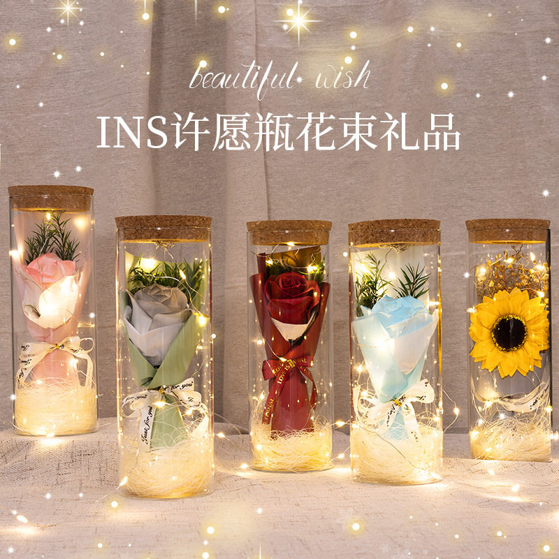 情人节批发玻璃瓶罩带灯满天星干花坛/花箱