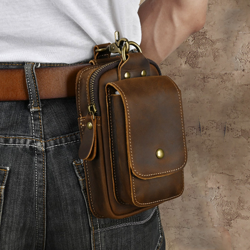 头层牛皮手机腰包男士穿皮带真皮工地干活挂腰竖款装烟老人皮套袋