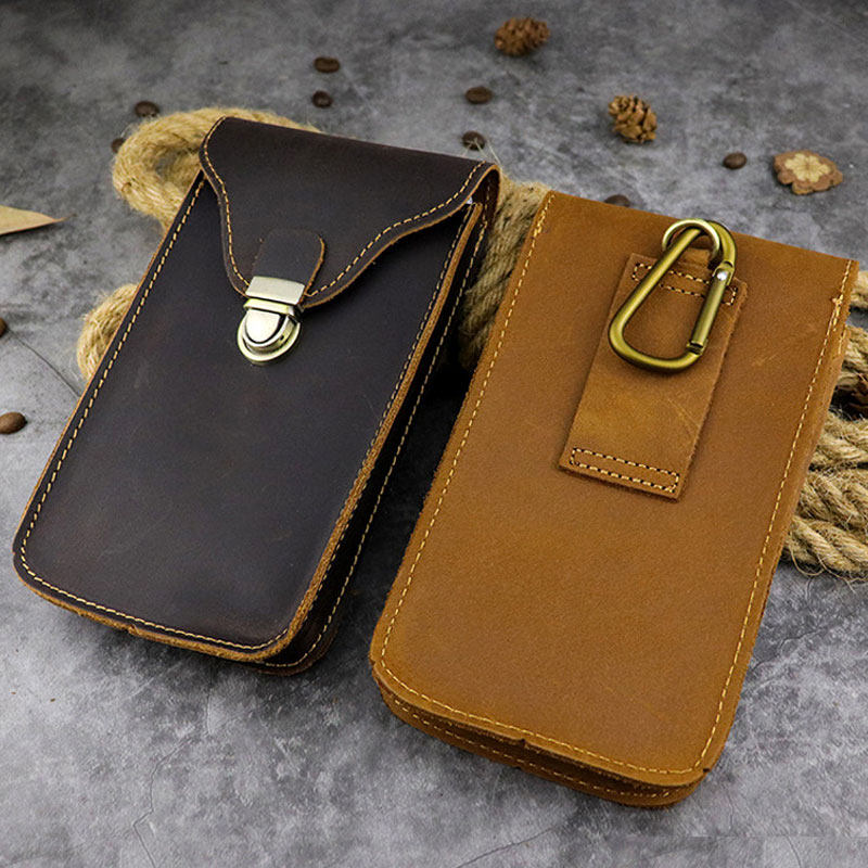 7寸大号单层疯马皮牛皮手机腰包男士穿皮带真皮工地干活竖款皮套