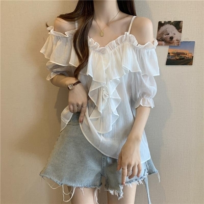 法式荷叶边雪纺衬衫女夏