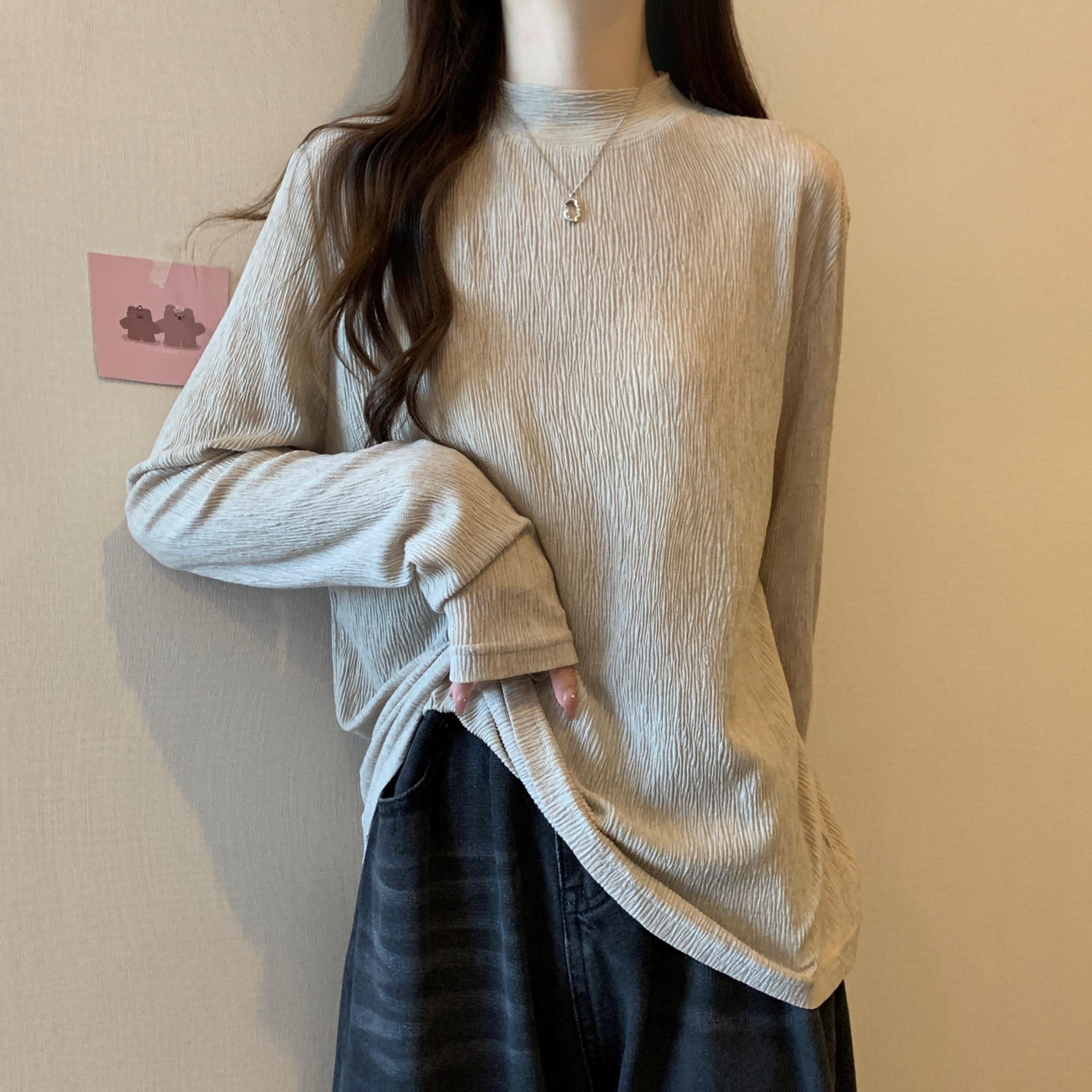 正肩长袖T恤女春秋内搭半高领打底衫胖mm显瘦遮肚藏肉设计感上衣