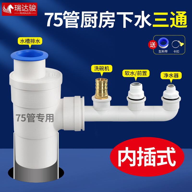 75管厨房下水管三通洗r菜盆净水器洗碗机排水管三头通四接头内插
