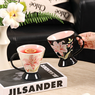 高颜值杯子 百合花陶瓷水杯家用早餐杯喝水办公室马克杯特别好看