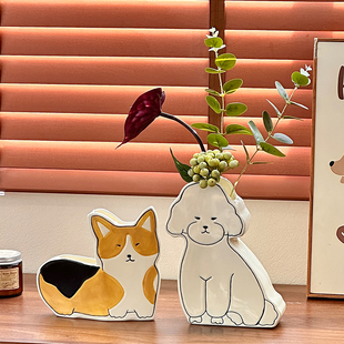柯基比熊犬创意花瓶摆件客厅插花干花办公室轻奢高级感生日乔迁礼