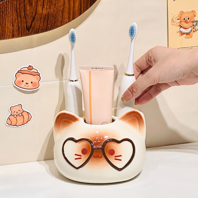 爱心猫陶瓷电动牙刷收纳置物架洗漱台洗手台牙刷牙膏可爱底座支架