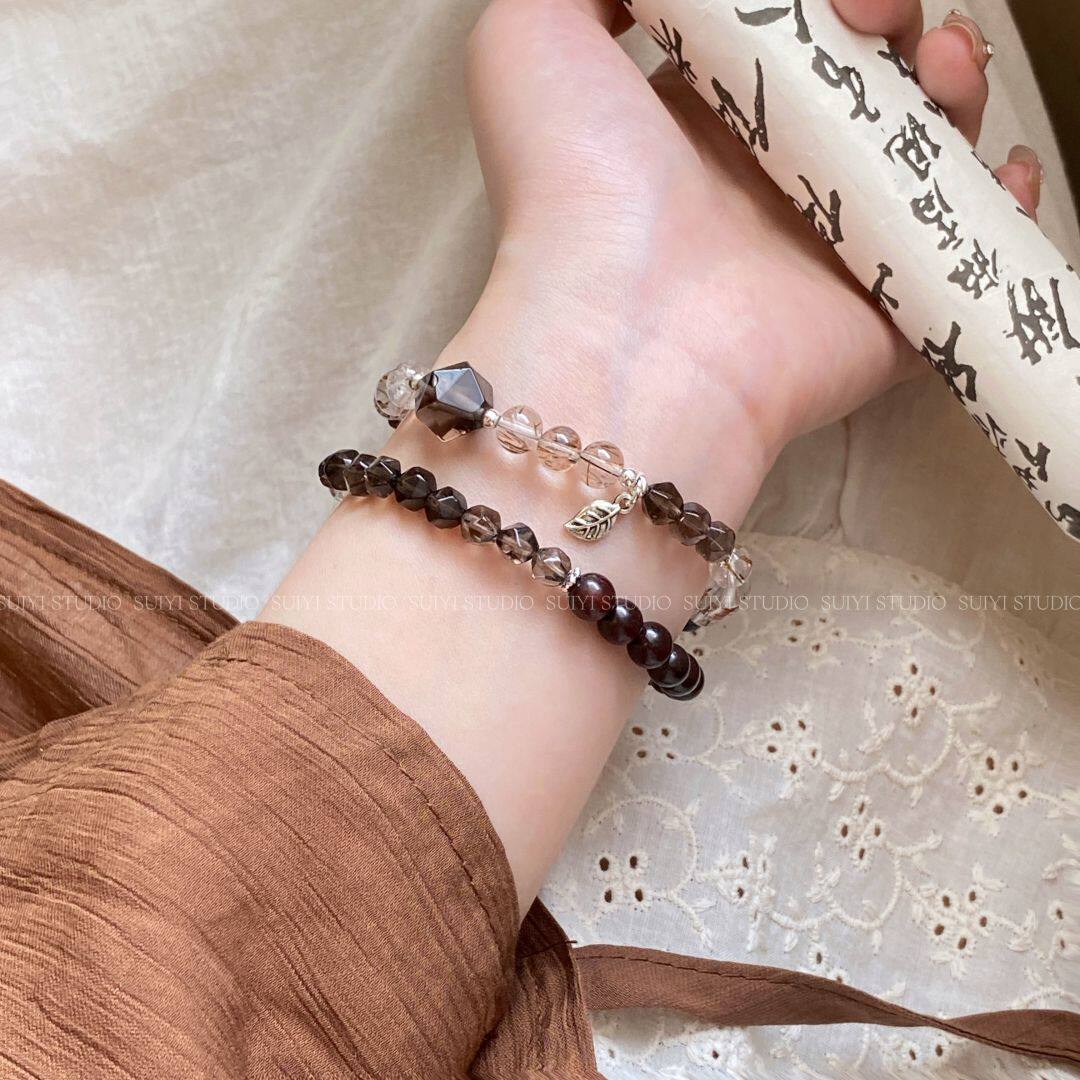 SUIYI 茶韵浓 小叶紫檀茶水晶双圈手链女新中式黑晶超七个性手串