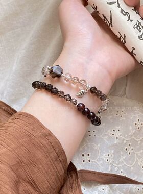 SUIYI 茶韵浓 小叶紫檀茶水晶双圈手链女新中式黑晶超七个性手串