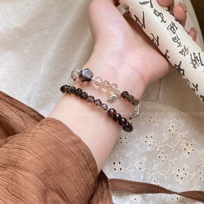 SUIYI 茶韵浓 小叶紫檀茶水晶双圈手链女新中式黑晶超七个性手串