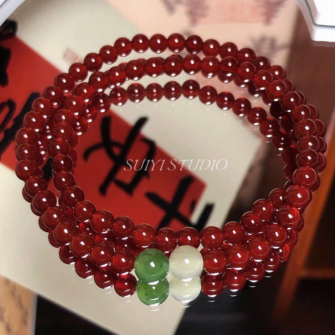 SUIYI 合欢 原创设计天然红玛瑙双圈手串女 新中式和田玉串珠手链