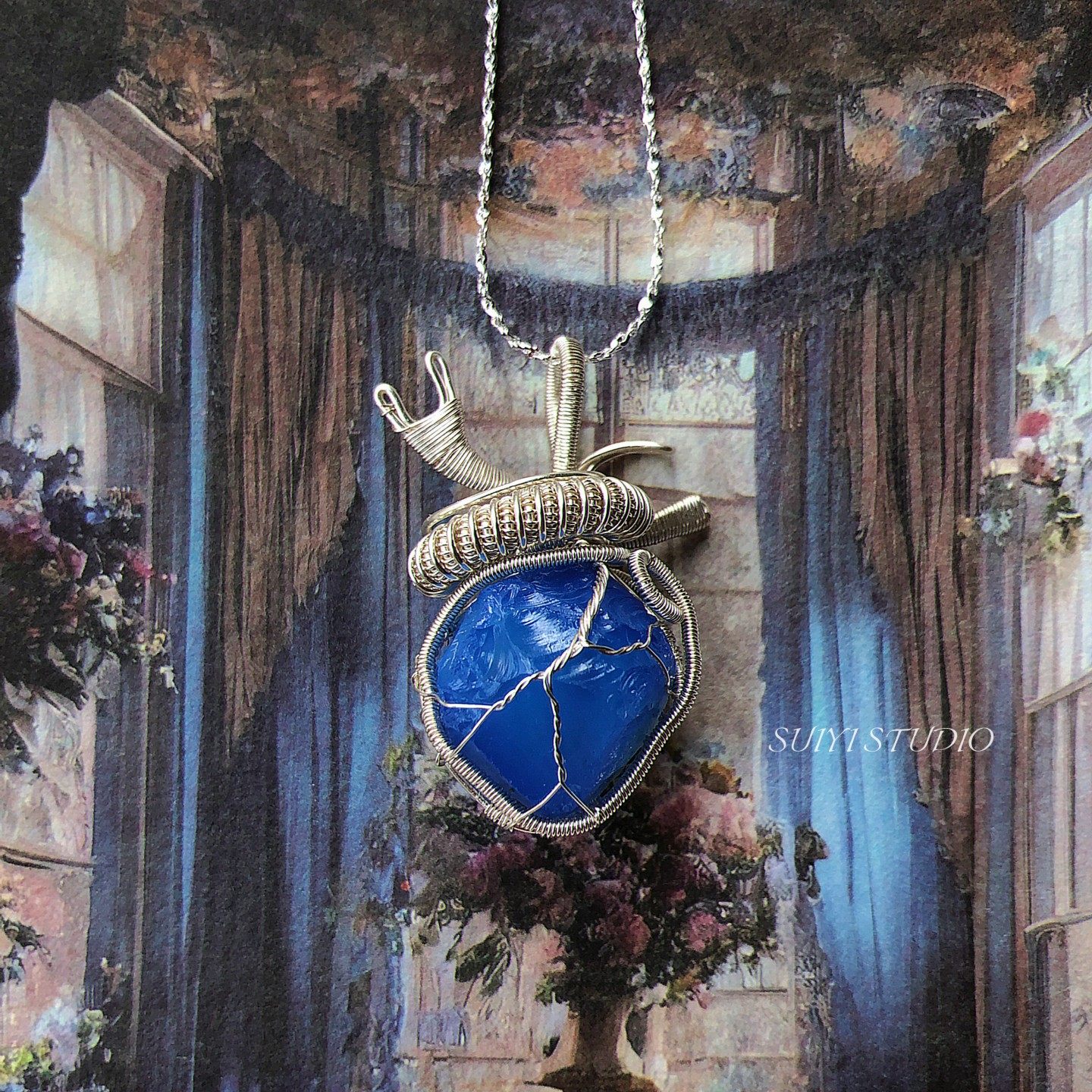 SUIYI 心溺蓝海 原创设计 蓝蛋白原石心脏吊坠男女款手工绕线项链