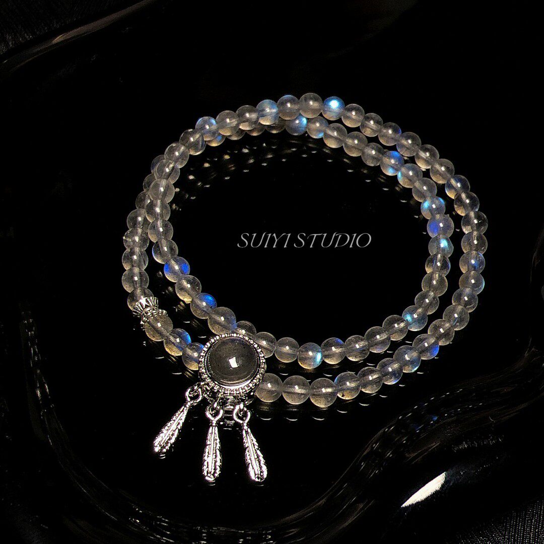 SUIYI 霜辰凝辉 原创设计天然灰月光双圈手串女 精致水晶魔盒手串